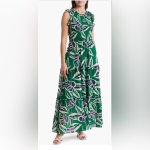 Melloday Women’s XL Green Navy Tropical Floral Smocked Sleeveless Maxi Dress